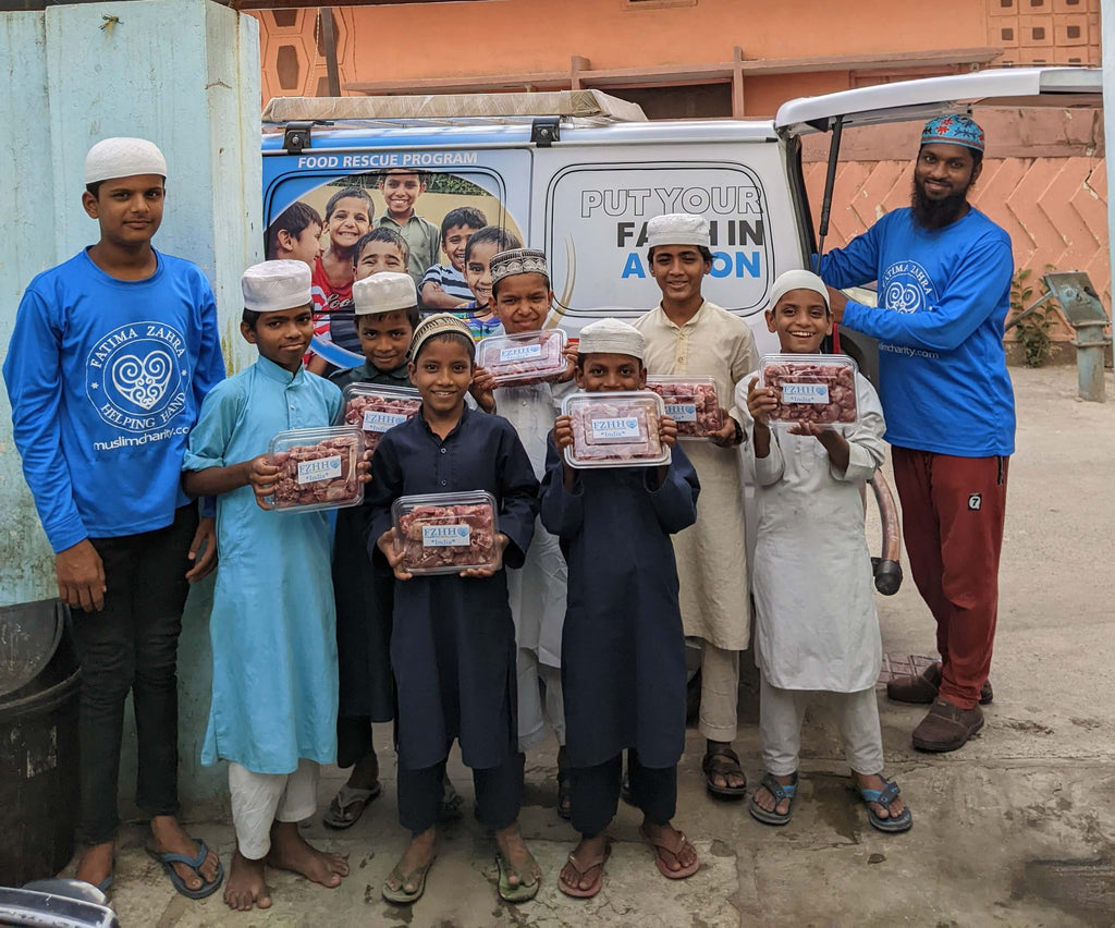 Hyderabad, India - Participating in Holy Qurbani Program & Mobile Food Rescue Program by Processing, Packaging & Distributing Holy Qurbani Meat from 40 Holy Qurbans to Beloved Orphans, Madrasa Students, Laborers, Homeless & Less Privileged Families