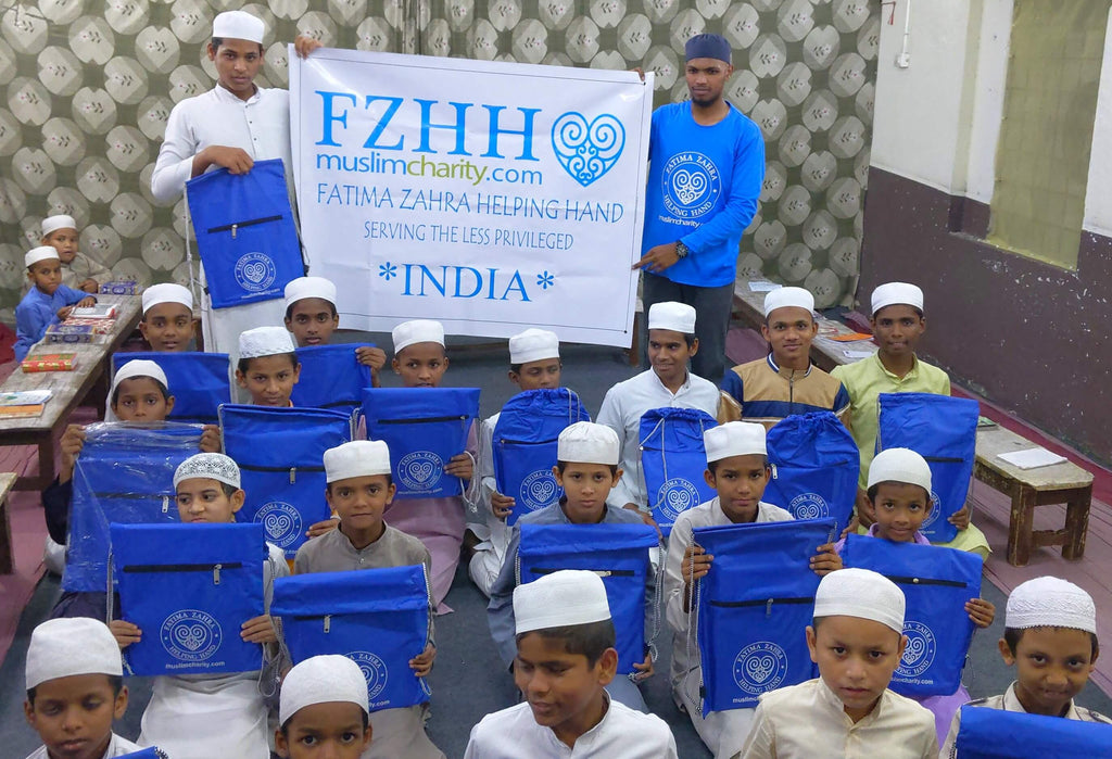 Hyderabad, India - Participating in Mobile Food Rescue Program by Serving Sweetened Milk with Dry Fruits & Distributing FZHH School Bags Filled with School Supplies to Madrasa Students & Less Privileged Children