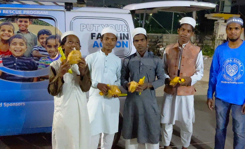 Hyderabad, India - Participating in Mobile Food Rescue Program by Distributing Hot Meals, Juices & Candies to 150+ Madrasa Students, Homeless & Less Privileged People